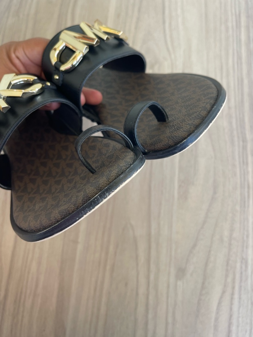 Michael Kors Black Slides with Gold MK Emblem - Picture 5 of 13